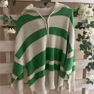 Aerie Green and Cream Striped Cowl Neck Sweater